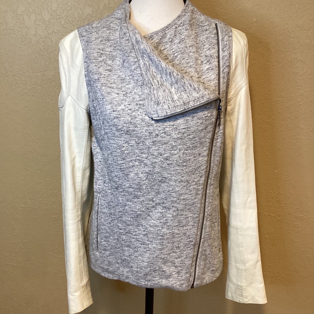 Truth And Pride Gray Knit Cream Leather Moto Jacket Women's Size Small